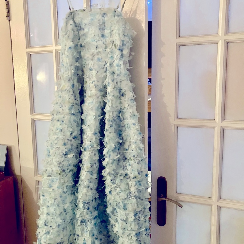 and other stories susan fang midi length cocktail dress with blue flowers